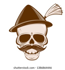 vector illustration of a bavarian skull with mustache and traditional hat