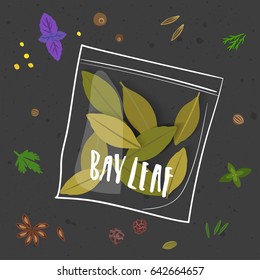 Vector illustration of bay leaf. Realistic laurel leaves in a stylized hand-drawn white package with lettering on black background with other seasonings.