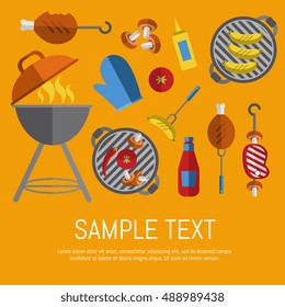 Vector illustration BBQ card. Barbecue, skewers, ketchup and mustard, vegetables on grill, beef steak and grill tools on yellow background