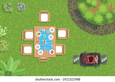 Vector illustration. BBQ in the garden top view.
Barbecue, table, chairs, dishes, grass, track, flowers. (view from above) 