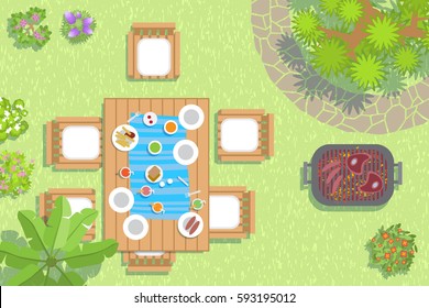 Vector illustration. BBQ in the garden top view.
Barbecue, table, chairs, dishes, grass, track, flowers. (view from above) 