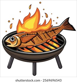 "Vector illustration of a BBQ grill with grilled fish and flames. Perfect for food, cooking, and barbecue-themed designs."