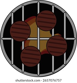 Vector illustration of a BBQ grill viewed from above, featuring four delicious grilled beef burger patties over open flames.