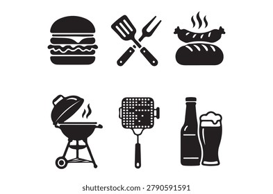 vector illustration of bbq icons including hamburger, grill tools, sausage, bread, beer glass and bottle on white background.
