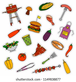 Vector illustration of bbq objects. Hand drawn icon. Colorful barbecue elements isolated on white background