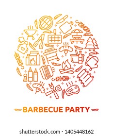 Vector illustration of BBQ party, barbecue, grill, picnic. Collection of barbecue tools, food, wine, fire. Infographic concept for logo, banner, publishing, web, graphic design, menu.