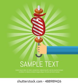 Vector illustration BBQ poster. Hand with skewers of grilled beef steak and vegetables on green striped background. Food flayer. Barbecue grill party invitation in flat style with space for text.
