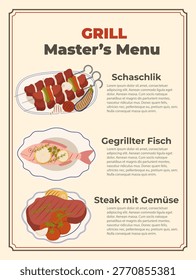 Vector illustration of a BBQ restaurant menu template featuring grilled schashlik fish and beef steak with vegetables. Professional flat design with a vintage border and placeholder text for culinary business. Isolated graphic elements on a cream background for steakhouse and outdoor picnic events.