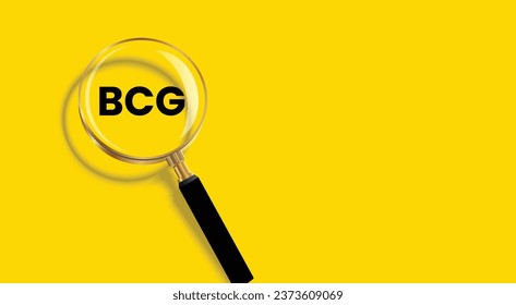 Vector illustration of BCG word lettering typography with magnifying glass zooming the word bcg on isolated yellow background.