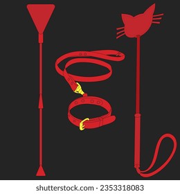 Vector Illustration BDSM Collar Whip Whip Leather Corset Female Spikes Masks Handcuffs Collar Domination Sex Shop Background Red Gray