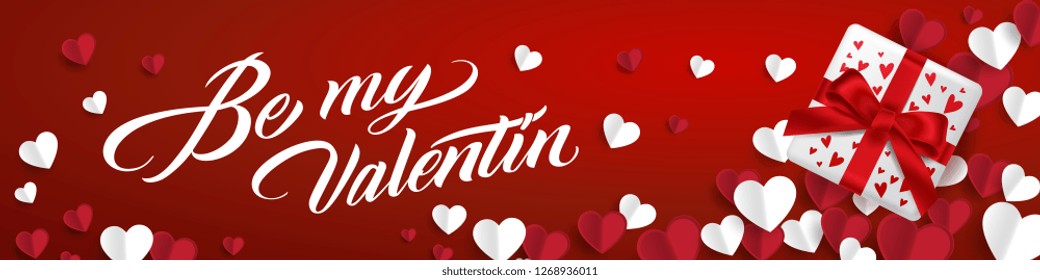 Vector illustration. Be my Valentin typography vector design for greeting cards and poster. Be my Valentin text with gift box, paper Valentines. Design template celebration. 