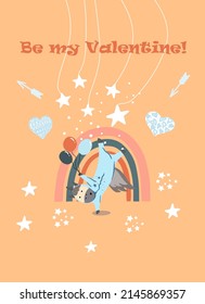 Ilustración vectorial Sé mi Valentine, unicornio en pijamas boca abajo, contra el fondo de un arco iris, sostiene globos, corazones, estrellas, flechas, invitación, postal, plantilla.