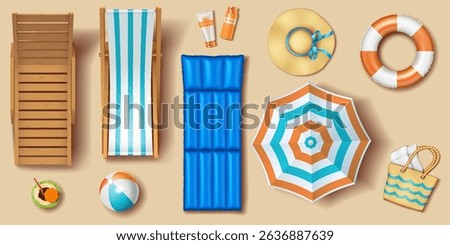 Vector illustration of beach accessories like umbrella, inflatable mattress, sunhat, sunscreen arranged on sand background. Perfect for summer vacation themes and travel advertising.