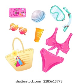 Vector illustration of beach accessories. Swimsuit, swimming mask, sunglasses, camera, beach bag, sunscreen, seashell