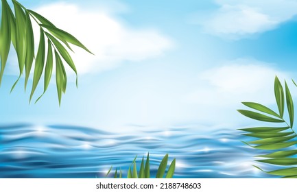 vector illustration beach background design template.palm leaves and blue sky include.3d illustration template.