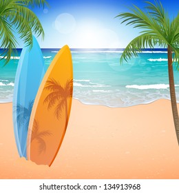 Vector Illustration of a Beach Background with Surfboards