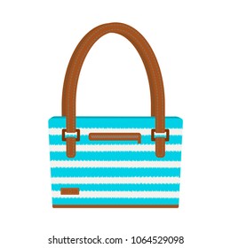 Vector illustration of beach bag in blue and white stripes with leather handles and zigzag. Decorated with stitch and flowers. Isolated on white background.