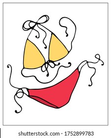 Vector illustration with a beach bikini or panties and bra, beachwear. Stylized drawing for your web site design, logo, icon, app, UI. Isolated stock illustration on white background. Cartoon style