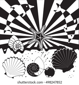 Vector illustration of beach black background with stylized dolphins, sea star, shells and a pearl.