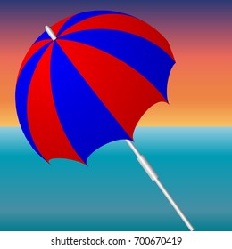 Vector illustration of a beach blue and red umbrella against the sunset