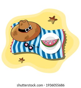 Vector illustration of beach blue towel laying on the sand with white plate and sliced watermelon, summer hat, sunglasses, and sea stars on top of it. Summer accessories