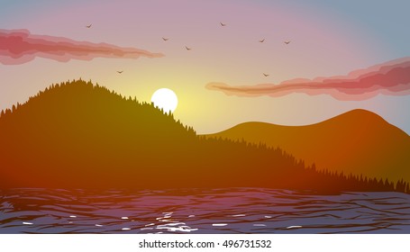Vector illustration. Beach by the sea with mountains at sunset