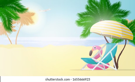 Vector illustration of a beach. Beach chair and sun umbrella with yellow stripes. Palm trees and pink flamingo swimming circle.