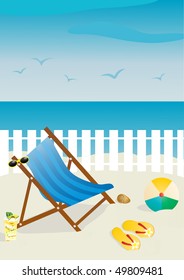 Ilustración vectorial de la silla de playa con gafas de sol y bola, chanclas, cóctel sobre la arena