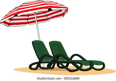 Vector illustration of beach chair and umbrella. Concept for rest, relaxation, holidays, spa, resort.