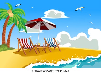 A vector illustration of beach chairs on the tropical beach