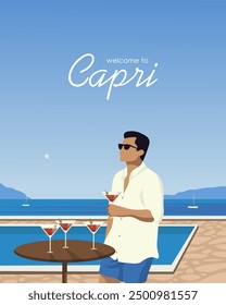 Ilustración vectorial. Club de playa, Capri. Hombre con martini, cóctel, piscina, club. Cartel, Anuncio, postal, cubierta. Diseño moderno. Turismo.