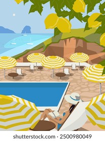 Vector illustration. Beach club, pool, tourist, banner, poster, cover, postcard. Greece. Modern design. Tourism, travel.