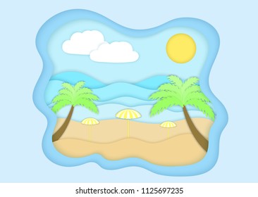 Vector illustration of a beach (coast) with umbrellas from the sun (parasol) and palm trees on the ocean (sea). Summer rectangular background in the paper art style. Vector EPS 10.