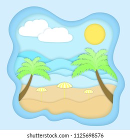 Vector illustration of a beach (coast) with umbrellas from the sun (parasol) and palm trees on the ocean (sea). Summer square background in the paper art style. Vector EPS 10.