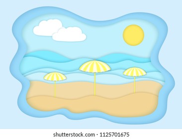 Vector illustration of a beach (coast) with umbrellas from the sun (parasol) on the ocean (sea). Summer rectangular background in the paper art style. Vector EPS 10.