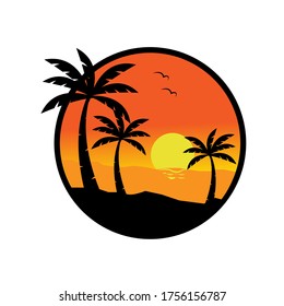 vector illustration of beach, coconut tree, and sunset.