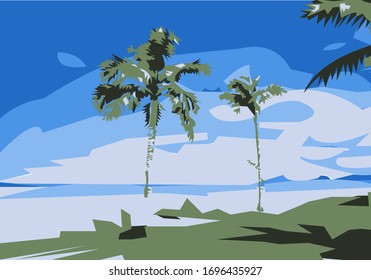Vector - Illustration of  Beach and coconut trees on a sunny day