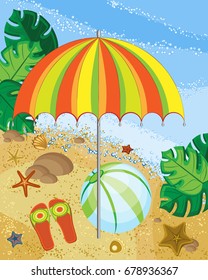 Vector illustration with beach composition from beach umbrella, inflatable ball and flip-flop, against a backdrop of sandy beach with cuckoos and starfish and sea surf.