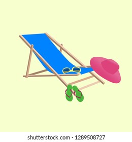 Vector illustration of beach deck chair, sunglasses, hat and slippers.