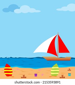 
ilustración vectorial de un diseño de playa durante las vacaciones de verano durante el día hay botes, tablas de surf contra un cielo azul