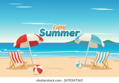 Vector illustration of beach with a double umbrella, double beach wooden deck chair, and a double beach ball. enjoy the summer text on the right side. summer vacation at the beach.