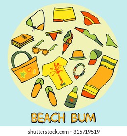 Vector illustration with beach elements in cute doodle style.