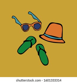 Vector illustration with beach elements: sunglasses, flip flops and hat in cute doodle style.
