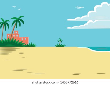 Vector illustration of a beach environment  with the sea, palms, sand, open sky and without people. Cartoon style.