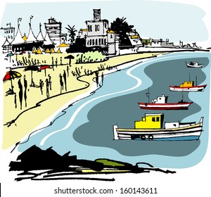 Vector illustration of beach at Estoril, Portugal, with fishing boats and swimmers.