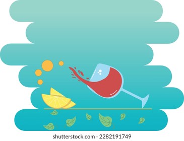 vector illustration of beach glass, rest and drink, orange and juice, summer vacation, glass of wine and cheese