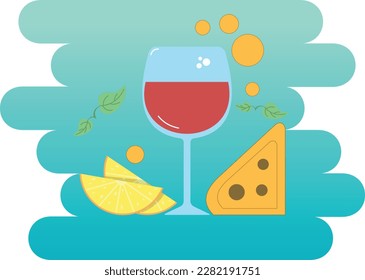 vector illustration of beach glass, rest and drink, orange and juice, summer vacation, glass of wine and cheese