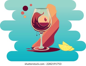 vector illustration of beach glass, rest and drink, orange and juice, summer vacation, glass of wine and cheese