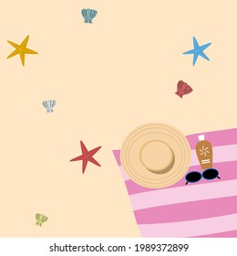 Ilustración vectorial del sombrero de playa, gafas y protector solar en la playa. diseño plano