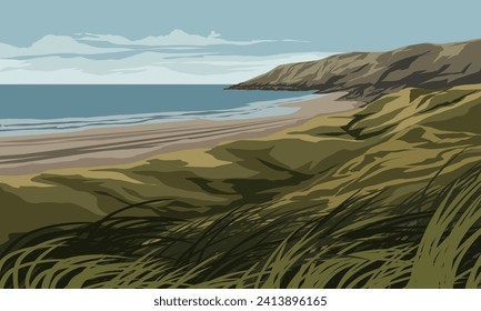 Vector illustration of beach with hill